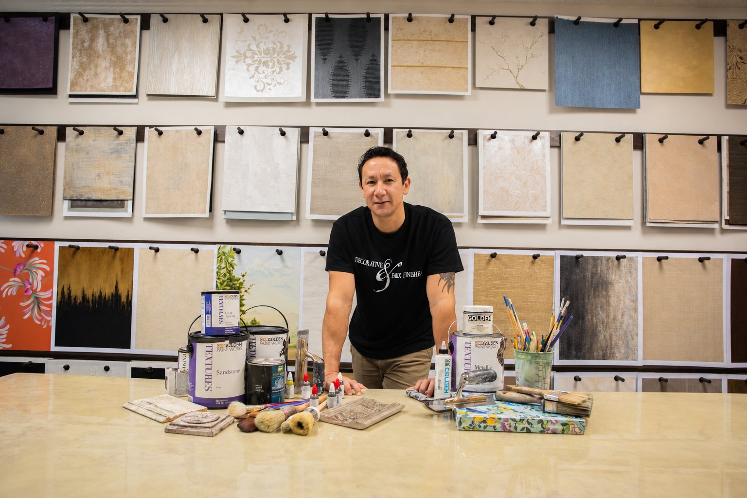Rafael Cruz in his Houston studio, standing at a worktable of brushes and paint in front of a wall of decorative finish samples