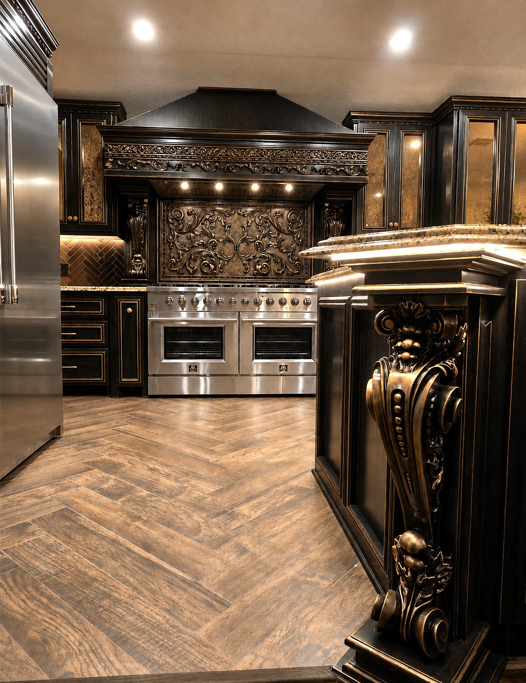 Black and gold kitchen with a carved range hood, scrolled backsplash, and gilded corbels