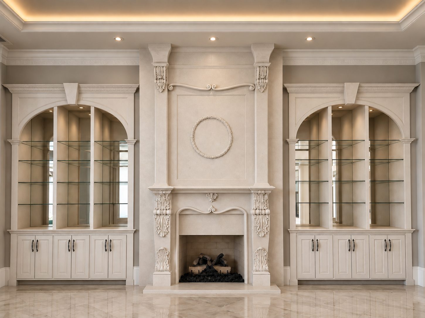 Carved fireplace wall with arched glass-front built-in cabinets finished in smooth decorative plaster