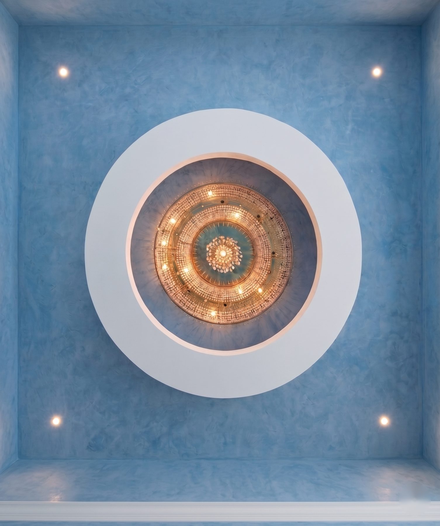 Blue oculus ceiling finished in decorative plaster