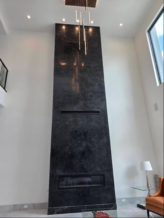 Custom fireplace or range hood finished in decorative plaster, project photo 3