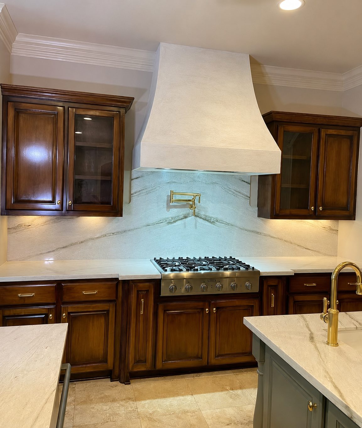 Custom fireplace or range hood finished in decorative plaster, project photo 5