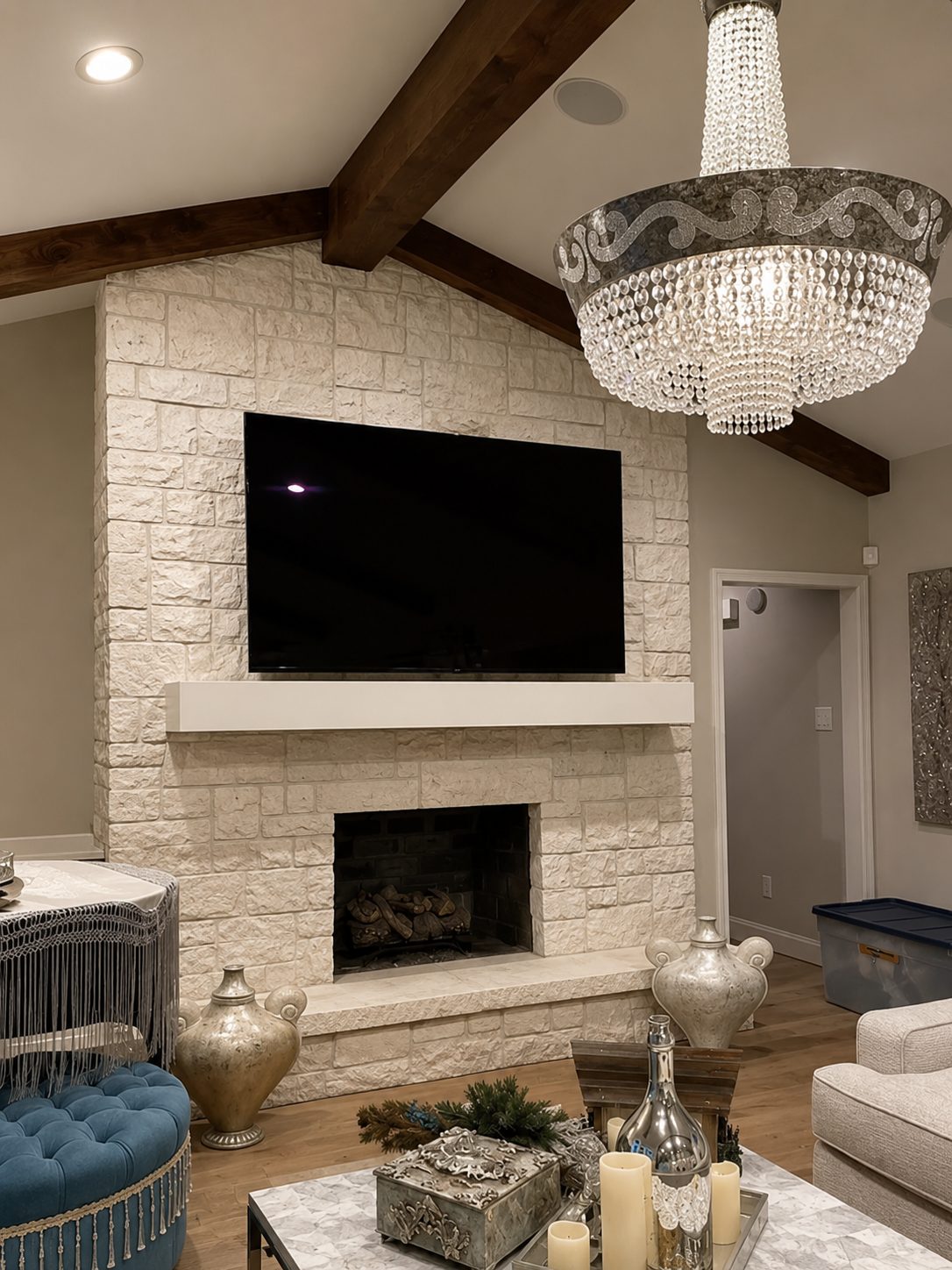 Custom fireplace or range hood finished in decorative plaster, project photo 12